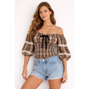 🎀 NWT Kimchi Blue Plaid Smocked Peasant Top Lace Trim Boho S 🎀